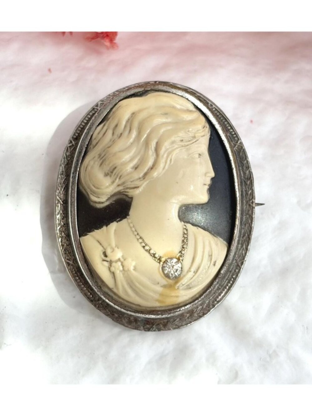 Victorian Inspired Cream Profile Cameo Rhinestone Silver Toned Vintage Brooch